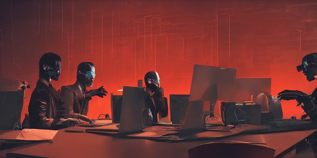 Image similar to 3 gards in an office hacking into a computer using a laptop, matrix style falling orange text in the background, cyberpunk, artstation