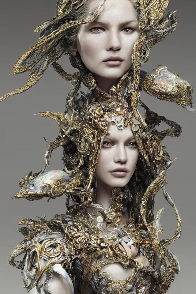 Prompt: a sculpture made of opal, portrait, female, future, shaman, harper's bazaar, vogue, magazine, insanely detailed and intricate, concept art, close-up, ornate, luxury, elite, elegant, trending on artstation, by Ruan Jia, Kenneth Willardt, Ross Tran, WLOP, Andrei Riabovitchev.