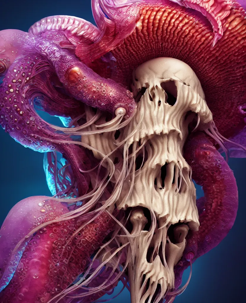 Image similar to goddess close-up portrait ram skull. jellyfish phoenix head, nautilus, orchid, ram skull, betta fish, bioluminiscent creatures, intricate artwork by Tooth Wu and wlop and beeple. octane render, trending on artstation, greg rutkowski very coherent symmetrical artwork. cinematic, hyper realism, high detail, octane render, 8k