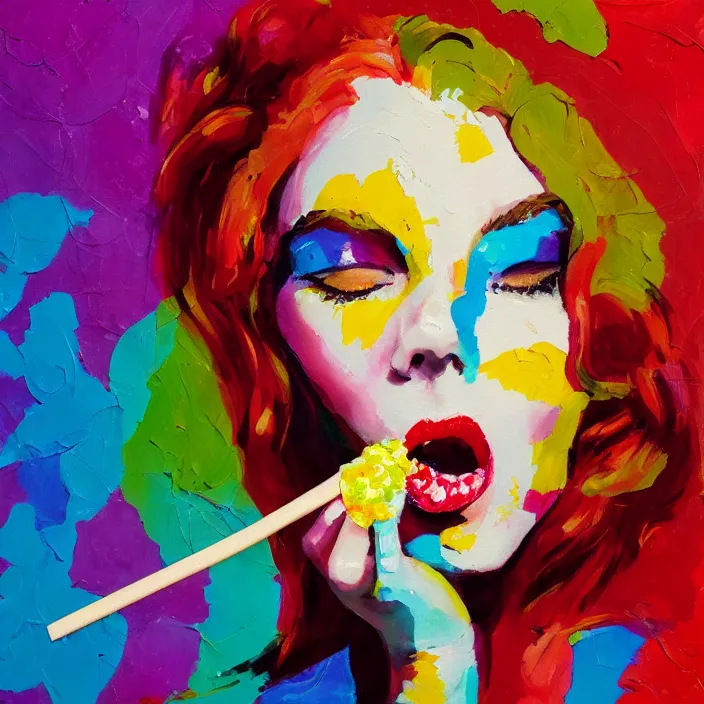 Image similar to portrait of beautiful woman licking a lollipop painted with colorful gouache impasto