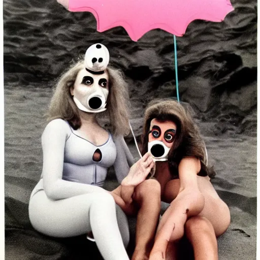 Image similar to 1969 twin women on tv show wearing an inflatable mask long prosthetic snout nose with googly eyes, soft color wearing a swimsuit at the beach 1969 color film 16mm holding a an inflatable hand Fellini John Waters Russ Meyer Doris Wishman old photo