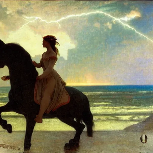 Prompt: Girl riding a horse leaving the castle through the bridge, thunderstorm, beach ocean on the background major arcana sky, by paul delaroche, alphonse mucha and arnold böcklin arnold böcklin hyperrealistic 8k, very detailed