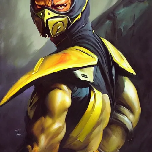 Image similar to greg manchess portrait painting of scorpion from mortal kombat as overwatch character, medium shot, asymmetrical, profile picture, organic painting, sunny day, matte painting, bold shapes, hard edges, street art, trending on artstation, by huang guangjian and gil elvgren and sachin teng