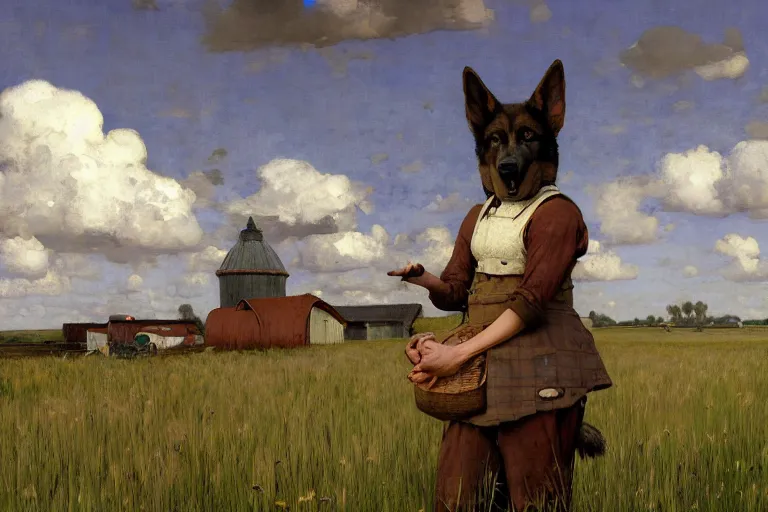 Image similar to farm life portrait of furry anthro anthropomorphic german shepard head animal person fursona wearing clothes farmer on the field in ohio, sunny day, digital art by Nerdrum John, William Waterhouse, Winslow Homer, Alex Heywood, Jordan Grimmer, Darren Quach, Greg Rutkowski, Simon Stalenhag, trending on Artstation, CGSociety