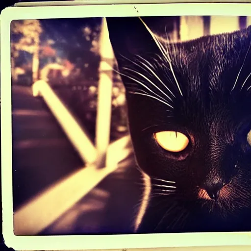 Image similar to black cat on a rollercoaster. focus on cats face. sunlight. polaroid photo. bright colors.