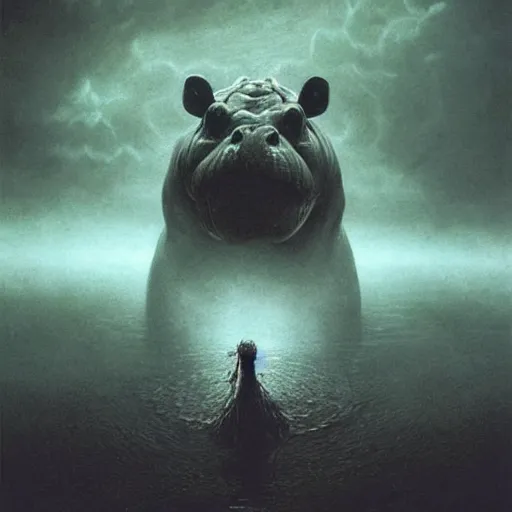 Image similar to hippopotamus, junji ito, beksinski, greg rutkowski, eldritch, horror spooky, cinematic landscape, creepy creature