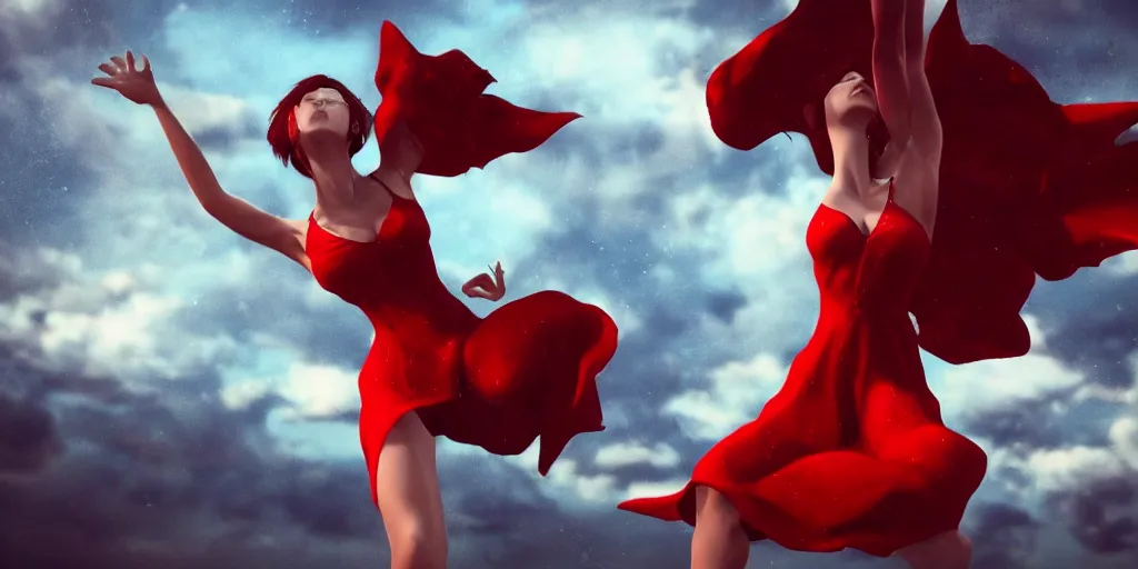 Prompt: epic scene of ( most gorgeous character hyper detail in amazing detail red dress, beautiful hyper detail face, detail ) ( fighting ) ( woman in a black tank top, detailed face ), hyper realistic 3 d render, art station, particles, epic scene, mucha, clouds, jump pose, blur focus, action,