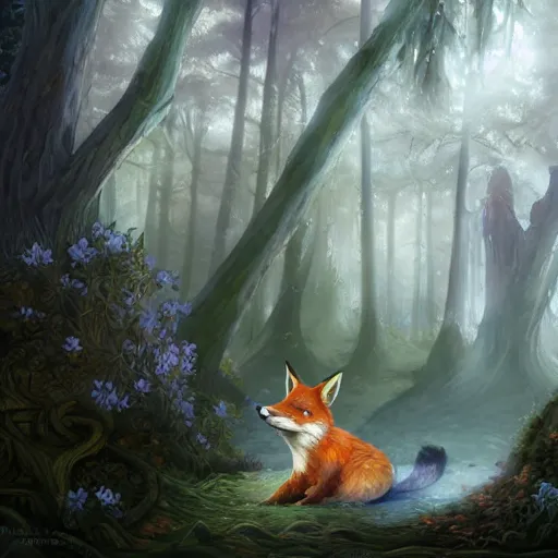 Image similar to Fox, Anthropomorphized, playing Harp in magical forest, Fearie wings, magic the gathering artwork, D&D, fantasy, cinematic lighting, centered, symmetrical, highly detailed, digital painting, artstation, concept art, smooth, sharp focus, illustration, volumetric lighting, epic Composition, 8k, art by Akihiko Yoshida and Greg Rutkowski and Craig Mullins, heroic pose, oil painting, cgsociety