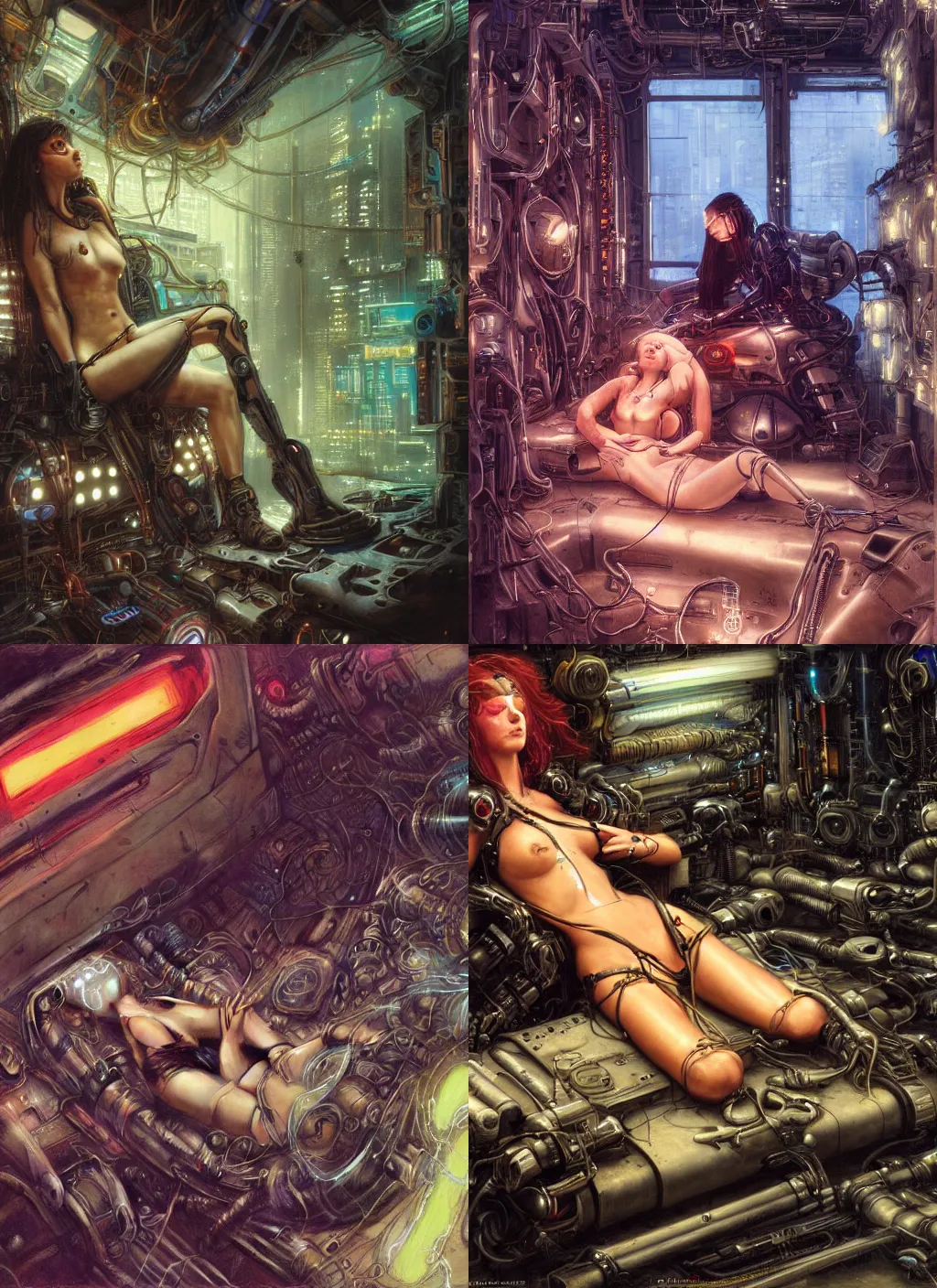 Prompt: beautiful cyborg girl reclined at an engineer's workshop, sci - fi, cyberpunk, conceptual, hyperdetailed, donato giancola, luis royo, neon lights, mood lighting, rust