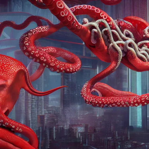 Image similar to Illustration of the Chinese communist party as a dirty octopus with lots of tentacles, dystopian, dirty, 3d shaded, cyberpunk, volumetric lighting, cgsociety, octane render, imax, highly detailed, 8k, hyperrealism