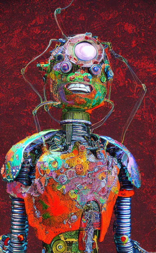 Prompt: a vibrant psychedelic sculpture of a rusty old robot samurai made of nacre by gustave dore and junji ito, 3 dsmax, low key photography