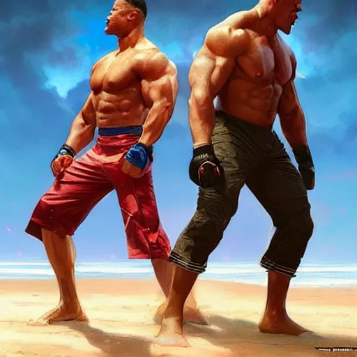 Image similar to John Cena fights Will Smith on the beach, intricate, stunning, highly detailed, digital painting, artstation, concept art, smooth, sharp, focus, illustration, art by artgerm and greg rutkowski and alphonse mucha