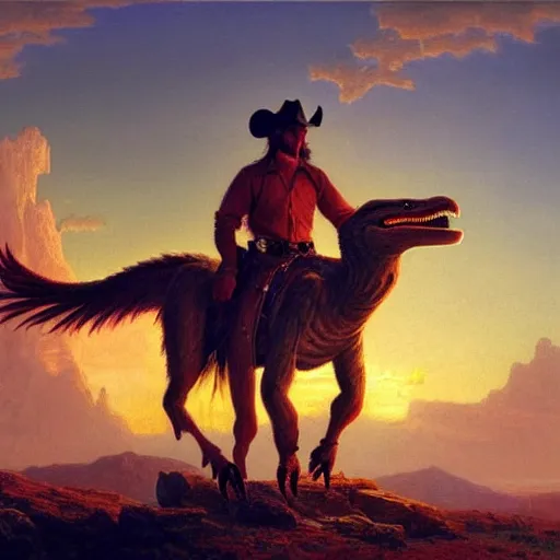 Image similar to a cowboy riding a utahraptor at sunset by Alfred Bierstadt, oil painting, highly detailed, artstation