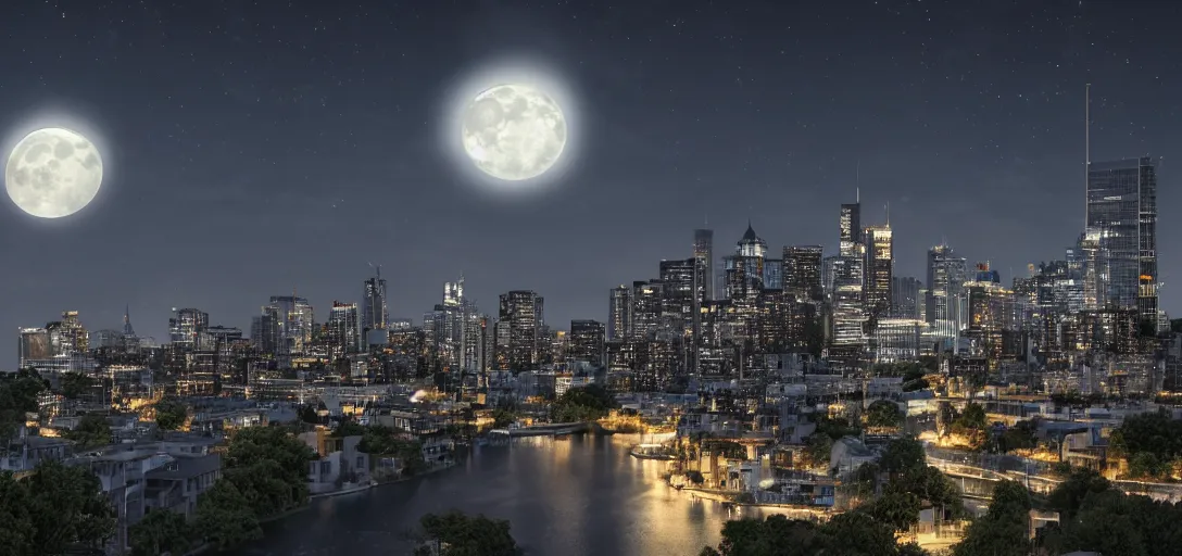 Image similar to moonlight, cityscape, realistic, 8k, high detail, 10 bit colour, hdr