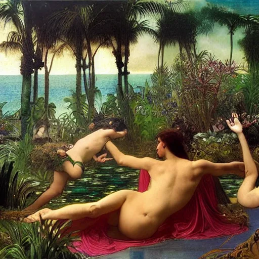 Image similar to The maze, refracted sparkles, thunderstorm, greek pool, beach and Tropical vegetation on the background major arcana sky, by paul delaroche, alphonse mucha and arnold böcklin, hyperrealistic symmetrical 8k, award-winning, very very very detailed