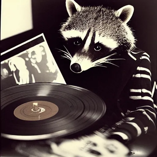 Image similar to close - up, photo of a humanoid raccoon wearing a hoodie, holding a vinyl record, 9 0 - s, polaroid photo, by warhol,