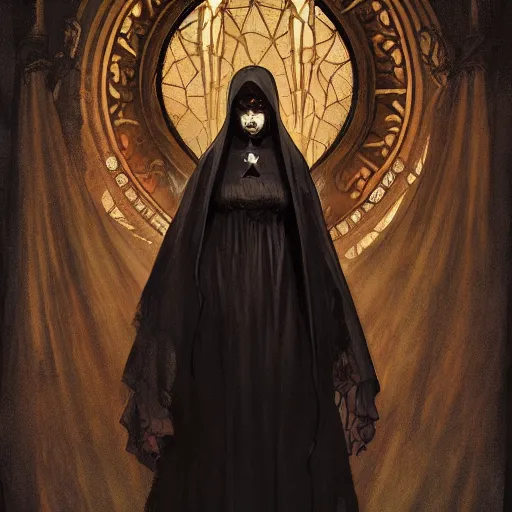 Image similar to A portrait of A zombie nun glowing black by greg rutkowski and alphonse mucha,In style of digital art illustration.Dark Fantasy.darksouls.hyper detailed,smooth, sharp focus,trending on artstation,4k