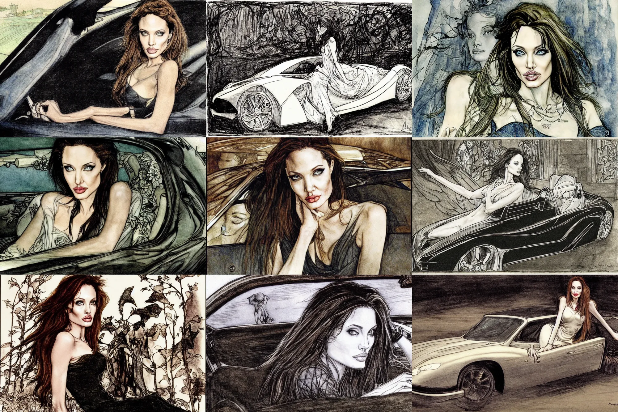 Prompt: Angeline Jolie in expensive car by Arthur Rackham