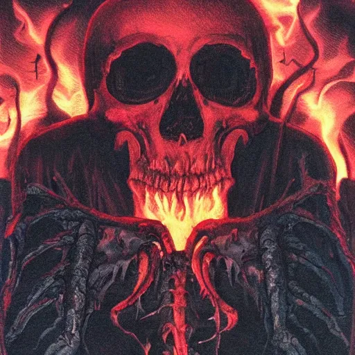 Image similar to the grim ripper contemplating his work after harvesting the soul of the living. fire all around. realistic, high detail