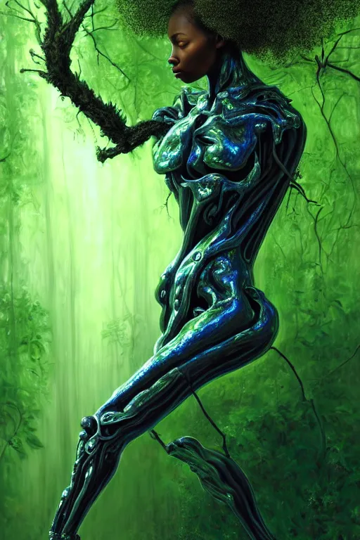 Image similar to hyperrealistic post - baroque super expressive! black woman with exoskeleton armor, merging with tree in a forest, highly detailed digital art masterpiece smooth cam de leon eric zener dramatic pearlescent blue green light ground angle hd 8 k sharp focus