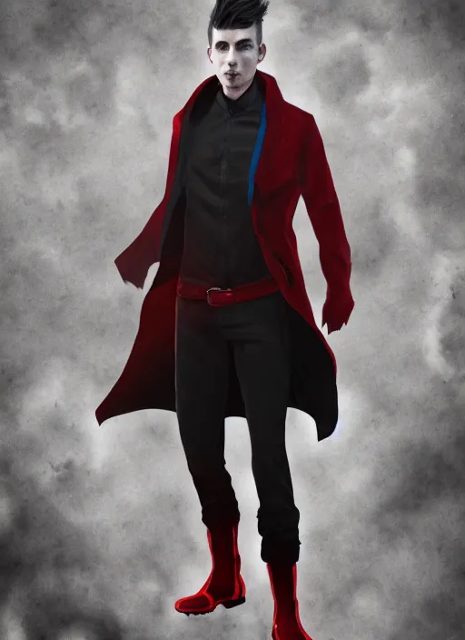 Image similar to An epic fantasy comic book style portrait painting of a young man with black cowlick haircut, wearing black overcoat, red clothes, blue jeans. Unreal 5, DAZ, hyperrealistic, octane render, cosplay, RPG portrait, dynamic lighting