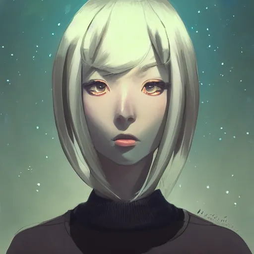 Image similar to A potrait of an alien with big and cute eyes, fine-face, realistic shaded perfect face, fine details. Night setting. Very anime style. Realistic shaded lighting poster by Ilya Kuvshinov katsuhiro, magali villeneuve, artgerm, Jeremy Lipkin and Michael Garmash, Rob Rey and Kentarõ Miura style, trending on art station