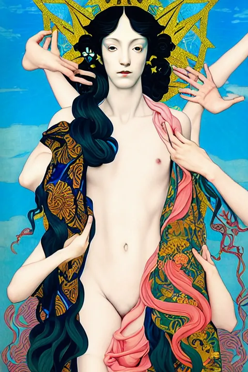 Image similar to 3 Summer Deities, (one representing each month of June, July, and August), in a style blending Æon Flux, Peter Chung, Shepard Fairey, Botticelli, Ivan Bolivian, and John Singer Sargent, inspired by pre-raphaelite paintings, shoujo manga, and cool Japanese street fashion, dramatically contrasting warm and vivid colors, hyper detailed, super fine inking lines, ethereal atmosphere, sfumato, 4K extremely photorealistic, Arnold render