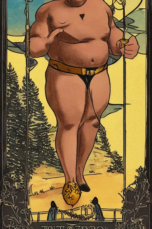 Prompt: tarot card of a fat shirtless cowboy, homoerotic, art deco, art nouveau, trending on artstation