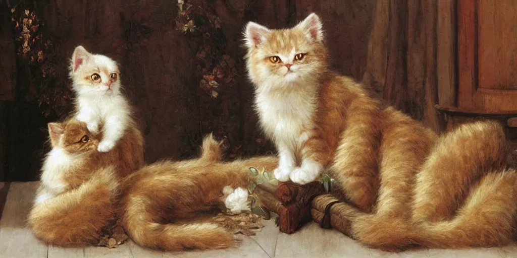 Prompt: 3 d precious moments plush cat with realistic fur, precious moments hawthorned village porcelain in the background, master painter and art style of john william waterhouse and caspar david friedrich and philipp otto runge