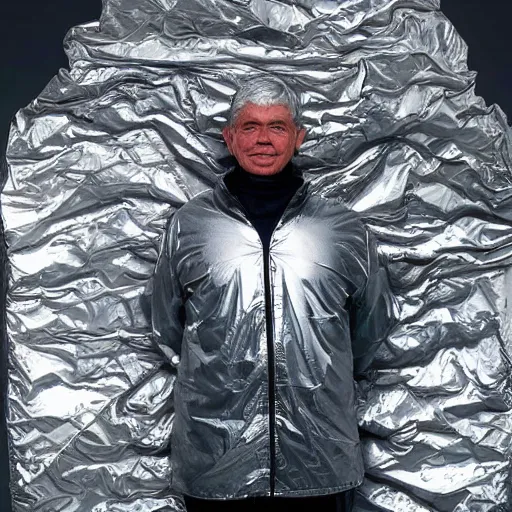 Image similar to photograph of a man wearing hundreds of layers of aluminum foil