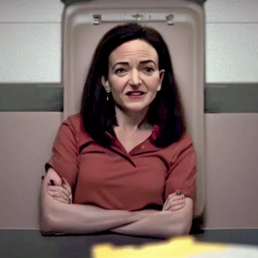 Prompt: Movie still of Sheryl Sandberg in a prison cell in Facebook The Movie, directed by Steven Spielberg