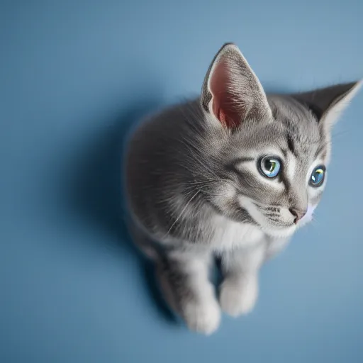 Prompt: an origami kitten in a light blue room, studio photo, dslr, soft lighting