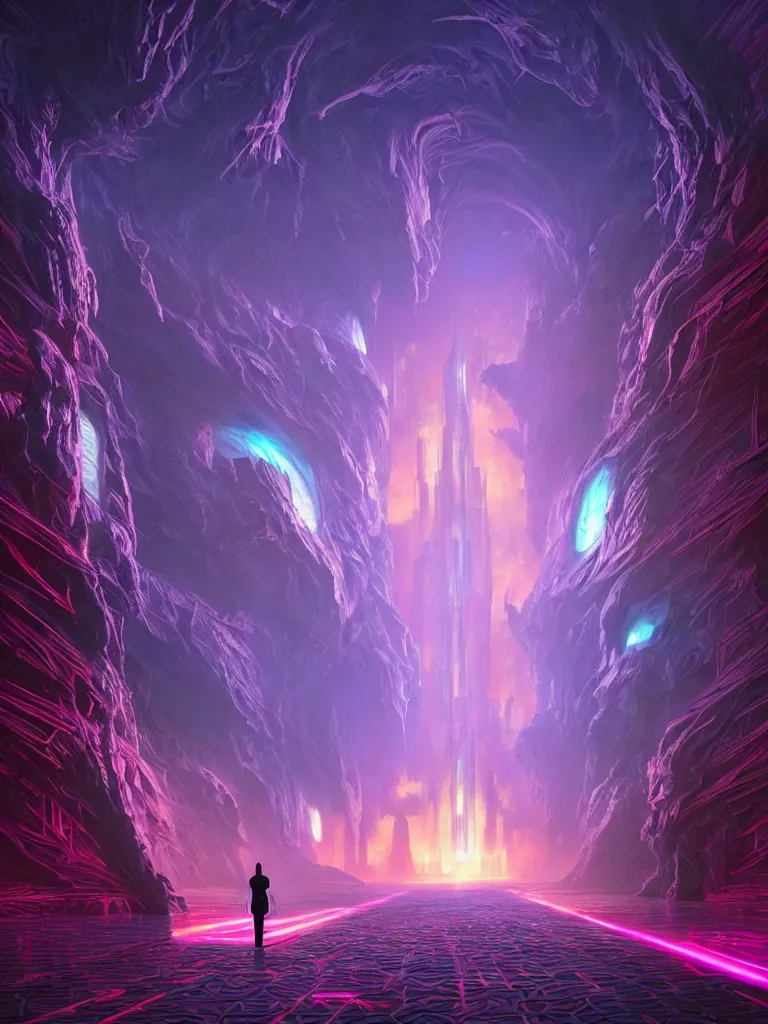 Image similar to entrance to ethereal realm, god waiting, rendered in unreal engine, central composition, symmetrical composition, dreamy colorful cyberpunk colors, 6 point perspective, fantasy landscape with anthropomorphic!!! terrain!!! in the styles of igor morski, jim warren, and rob gonsalves, intricate, hyperrealistic, volumetric lighting, neon ambiance, distinct horizon