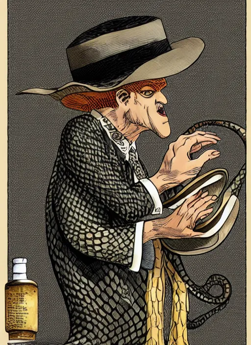 Image similar to portrait of a snake oil salesman wearing a snake suit and wide brimmed hat offering you a bottle of serum formula, art by Kentaro Miura