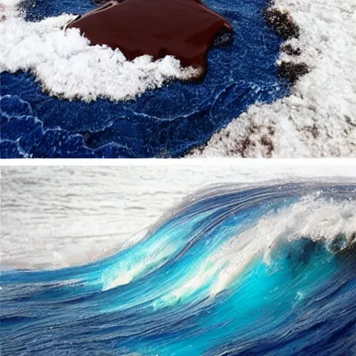 Prompt: a huge ocean swave made of liquid chocolate