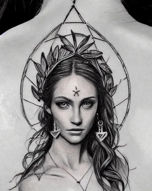 Image similar to realism tattoo sketch of a beautiful greek goddess aphrodite with piercing eyes wearing a laurel wreath and triangle earrings, in the style of greg rutkowski, amazing detail