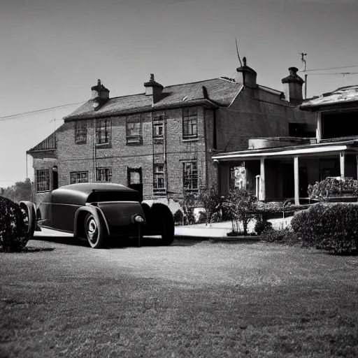 Image similar to an oldie car with turbine, cyber punk, house in background, detailed, award winning, masterpiece, photograph, cinematic, black-white retro photo 1910