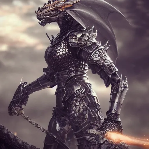 Image similar to highly detailed realistic stunning shot of a beautiful anthropomorphic female knight but as a dragon, doing a majestic and elegant pose, armor made of steel, sharp claws, HD octane render, epic cinematography, fantasy, Artstation, Deviantart, Furaffinity