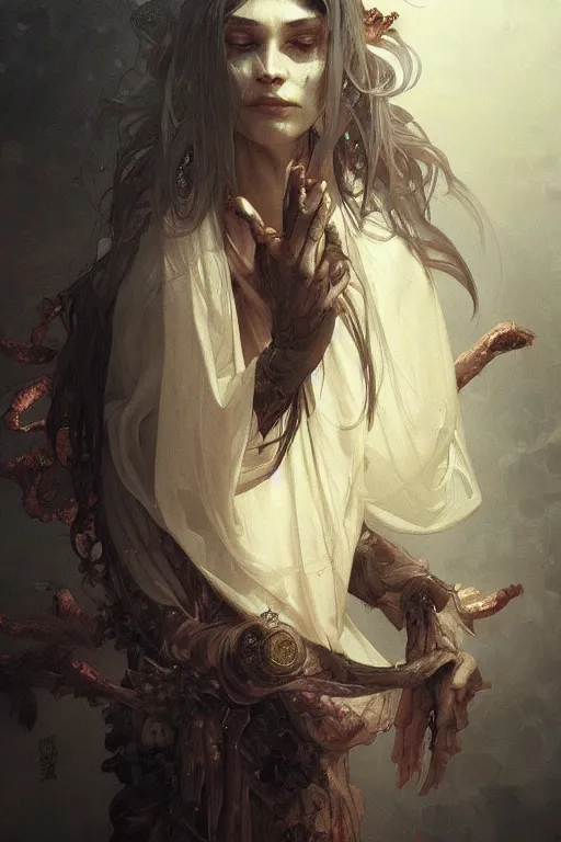 Prompt: A full portrait of a beautiful terrible powerful blind meat priest, intricate, elegant, highly detailed, digital painting, artstation, concept art, smooth, sharp focus, illustration, art by Krenz Cushart and Artem Demura and alphonse mucha