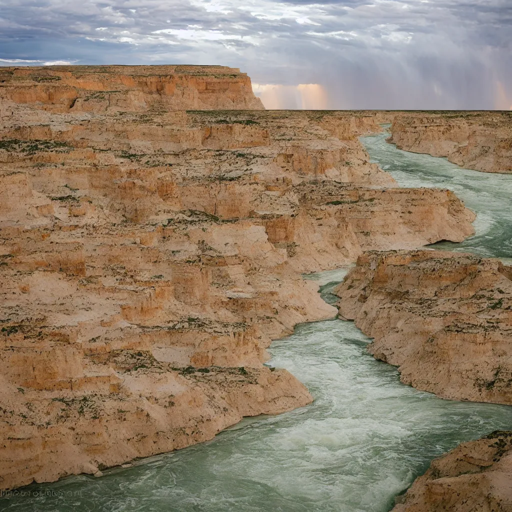 Image similar to photo of green river, wyoming cliffs during thunderstorm. the foreground and river are brightly lit by sun, and the background clouds are dark and foreboding. kodak portra 4 0 0,