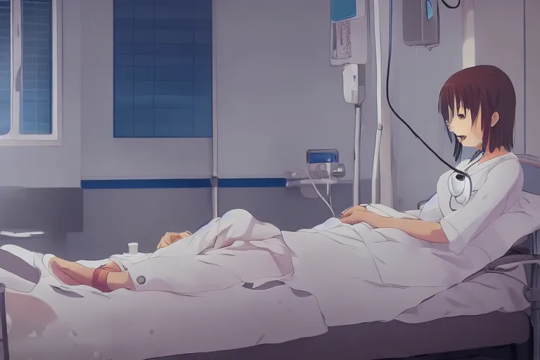 Image similar to a cute and beautiful young female doctor wearing white coat are taking care of a patient on a bed in a hospital ward, slice of life anime, anime scenery by Makoto shinkai