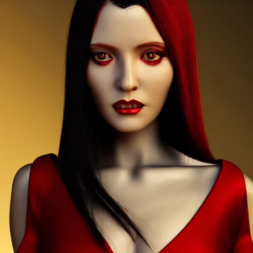 Prompt: portrait of a woman with long black hair and red eyes, wearing a red dress, 4k, close up shot, detailed face, beautiful, octane render, dark lighting, artstation, high quality, depth of field, ambient occlusion, dark colors,