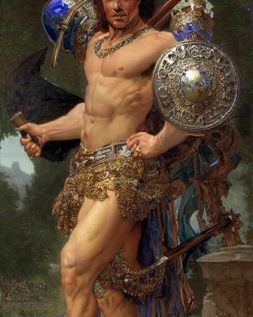 Image similar to a arnold schwarzenegger, dressed in ornate, detailed, intricate iridescent opal armor, detailed oil painting by william adolphe bouguereau and donato giancola