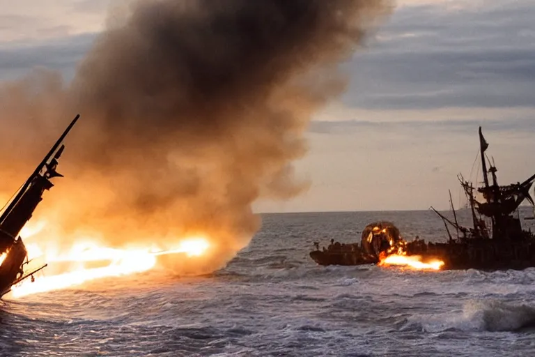 Image similar to portrait pirate crew running down beach as pirate ship fires canons, sand explosion 8 5 mm by emmanuel lubezki