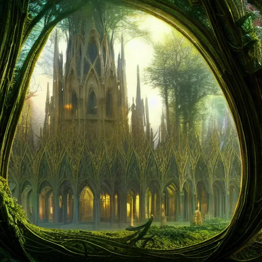 Image similar to a beautiful and highly detailed matte painting of a beautiful elven cathedral in a magical celtic forest, otherworldly trees and plants and flowers, celtic vegetation, epic scale, insanely complex, hyperdetailed, sharp focus, hyperrealism, artstation, cgsociety, 8 k, bright colors, by caspar friedrich, albert bierstadt, james gurney, brian froud,