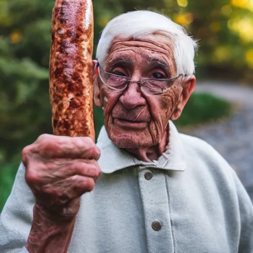 Prompt: An elderly man posting a sausage, Canon EOS R3, f/1.4, ISO 200, 1/160s, 8K, RAW, unedited, symmetrical balance, in-frame