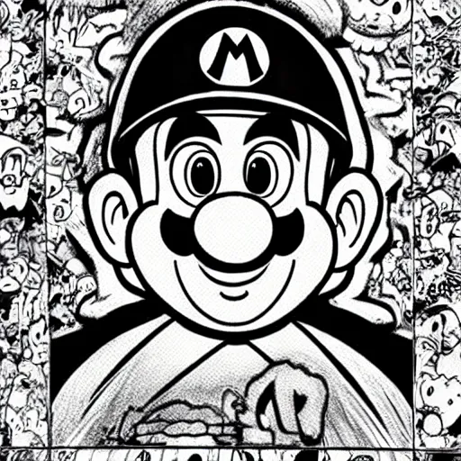 Prompt: Super Mario portrait in the style of Junji Ito. Manga. Black & White. Gothic. Horror. Exquisitely detailed. 4K.