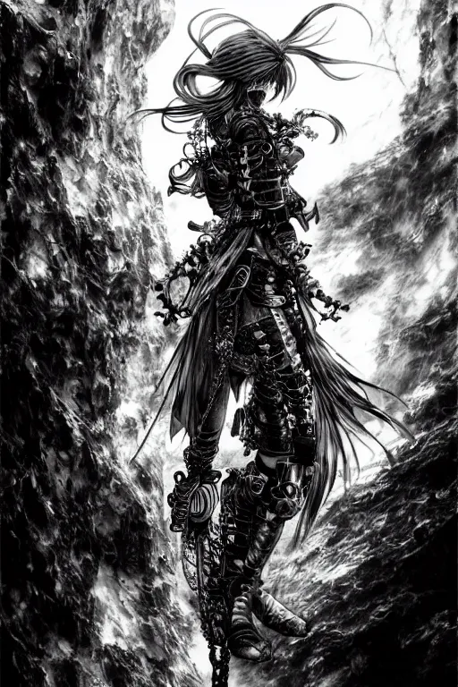 Image similar to a vertical portrait of a character in a scenic environment by yoshitaka amano and nihei tsutomu, black and white, dreamy, steampunk armor, highly detailed