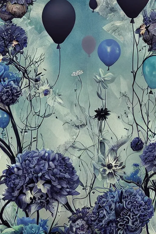 Prompt: beautiful digital matte painting of whimsical botanical illustration black and blue flowers and balloons enchanted dark background dark contrast by android jones, dollpunk