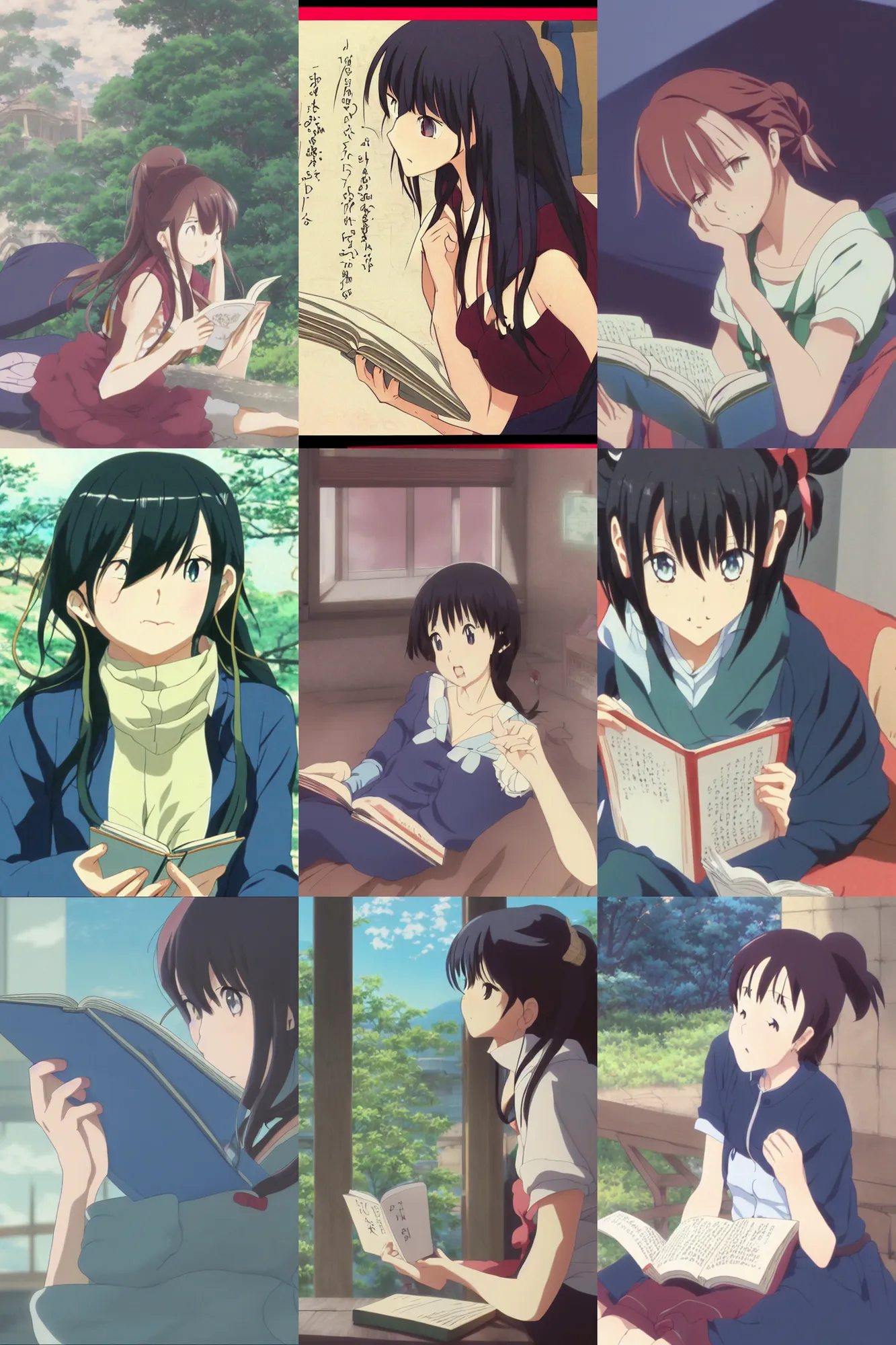 Prompt: anime visual portrait of a cute girl reading, film still from anime by [ [ [ yoshitoshi abe ] ] ], makoto shinkai, crisp, cel shaded